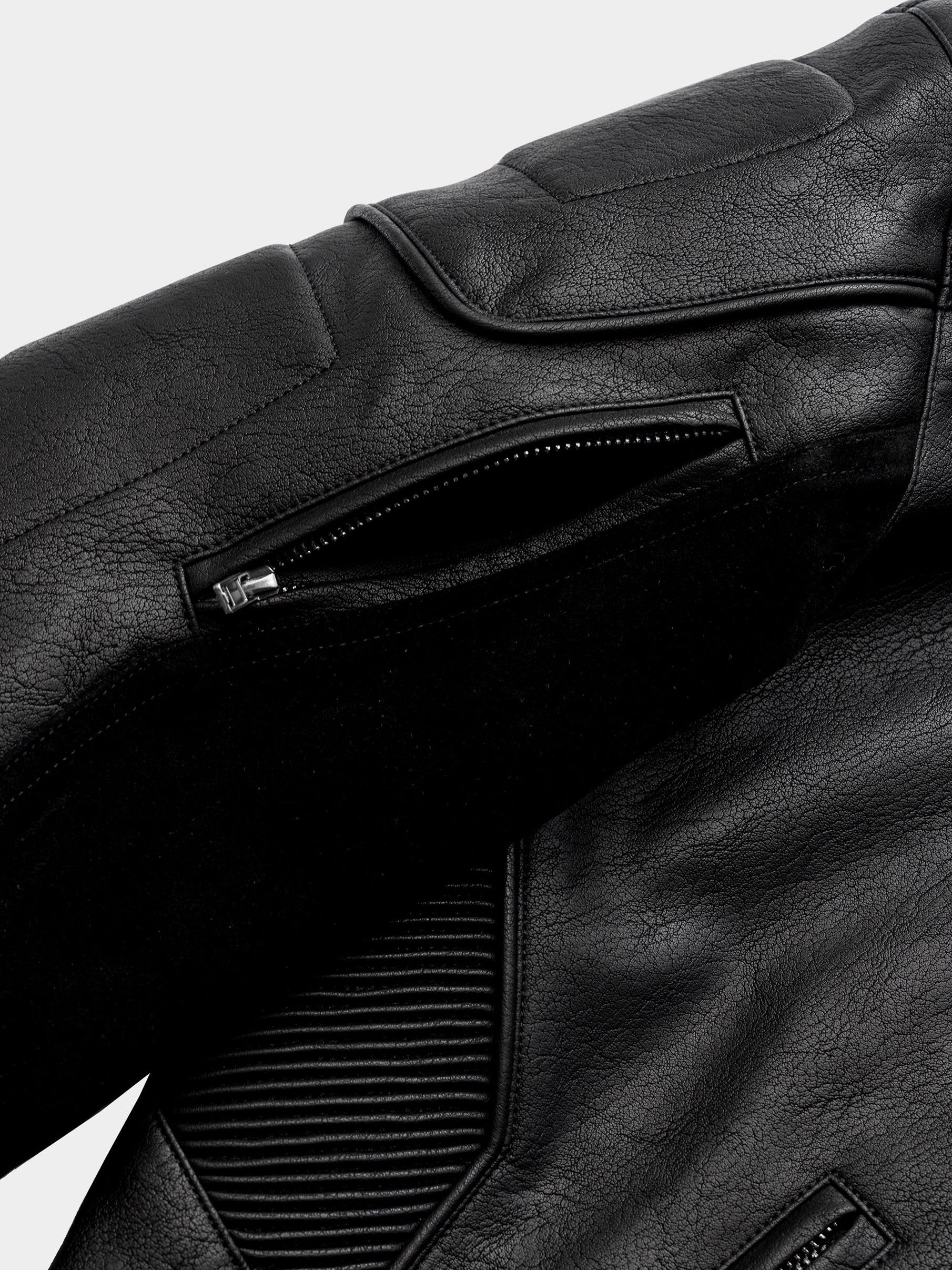 HEAVYWEIGHT ZIPPER OVERSIZED PADDED‑SHOULDER MOTOR LEATHER JACKET