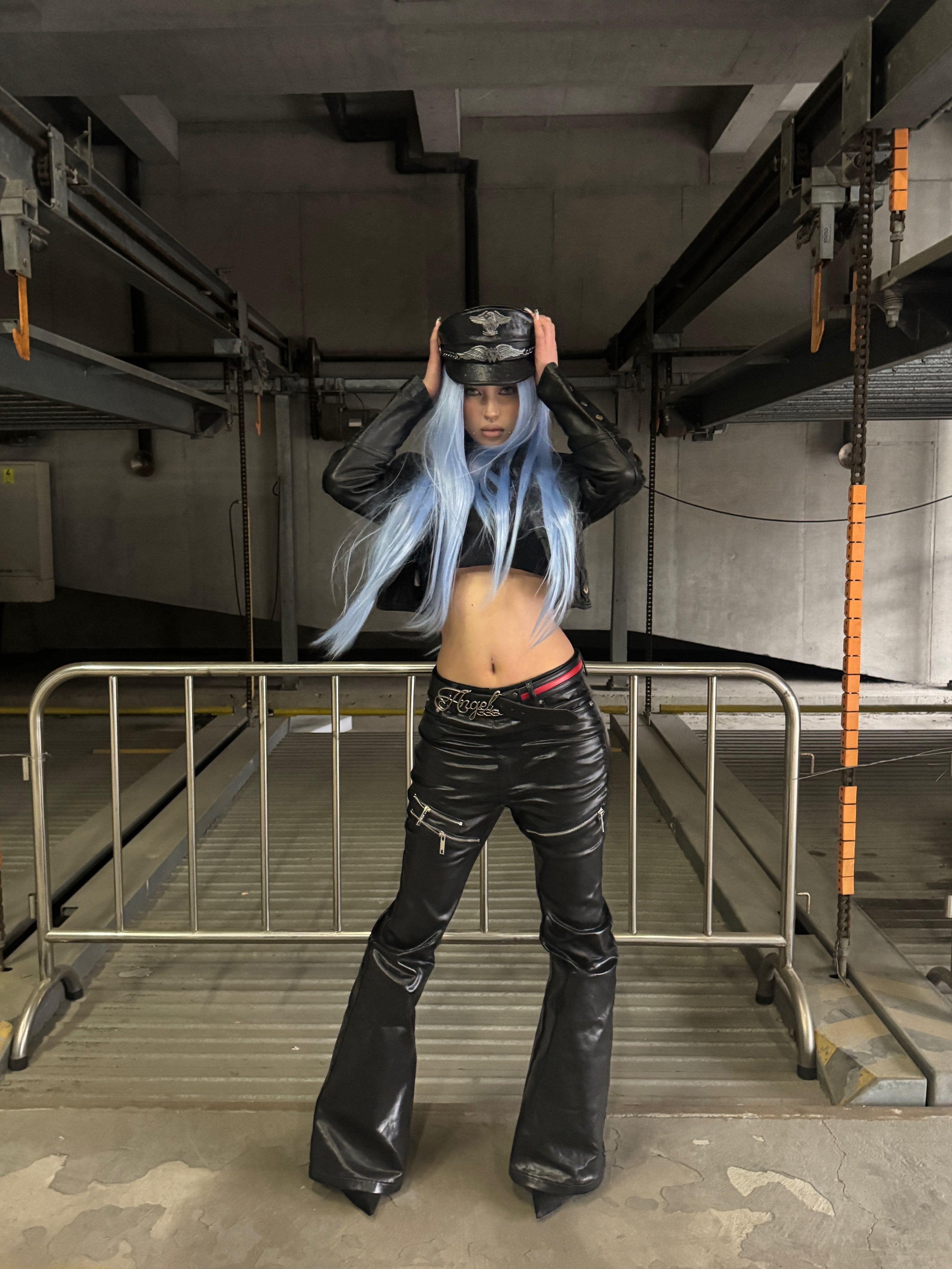 BLACK LIQUID METAL COATED ZIPPER WAXED FLARED PANTS