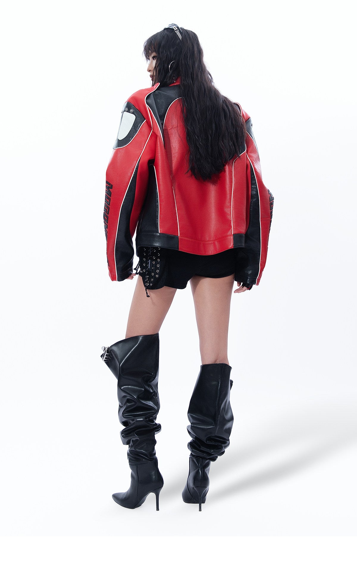 BIKER PU LEATHER COLLAR CROPPED RACING JACKET