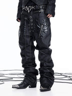 NICHE DOUBLE WAISTBAND PU SPLICED DRAWSTRING ZIPPER COATED JEANS