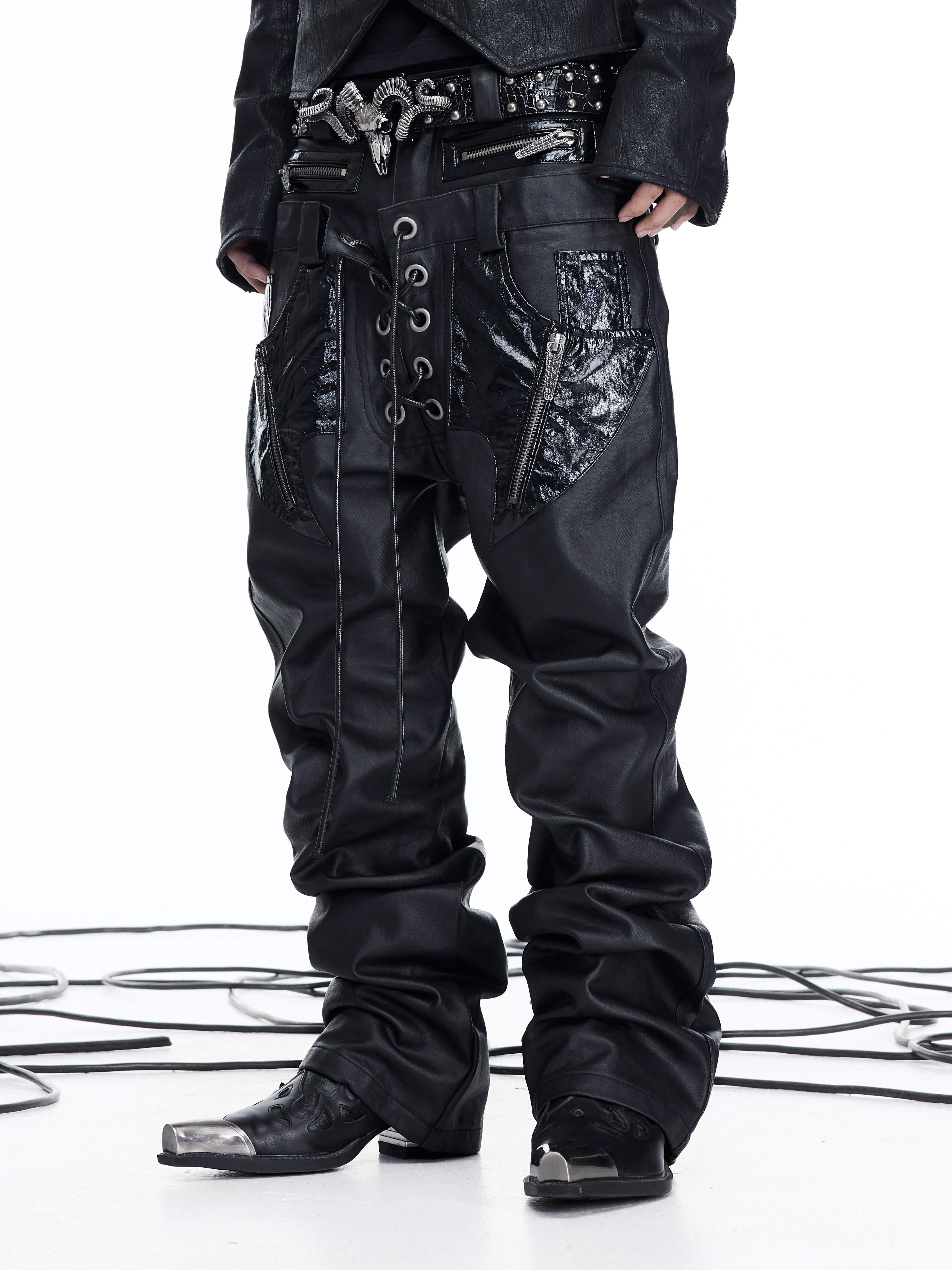 NICHE DOUBLE WAISTBAND PU SPLICED DRAWSTRING ZIPPER COATED JEANS