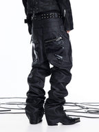NICHE DOUBLE WAISTBAND PU SPLICED DRAWSTRING ZIPPER COATED JEANS