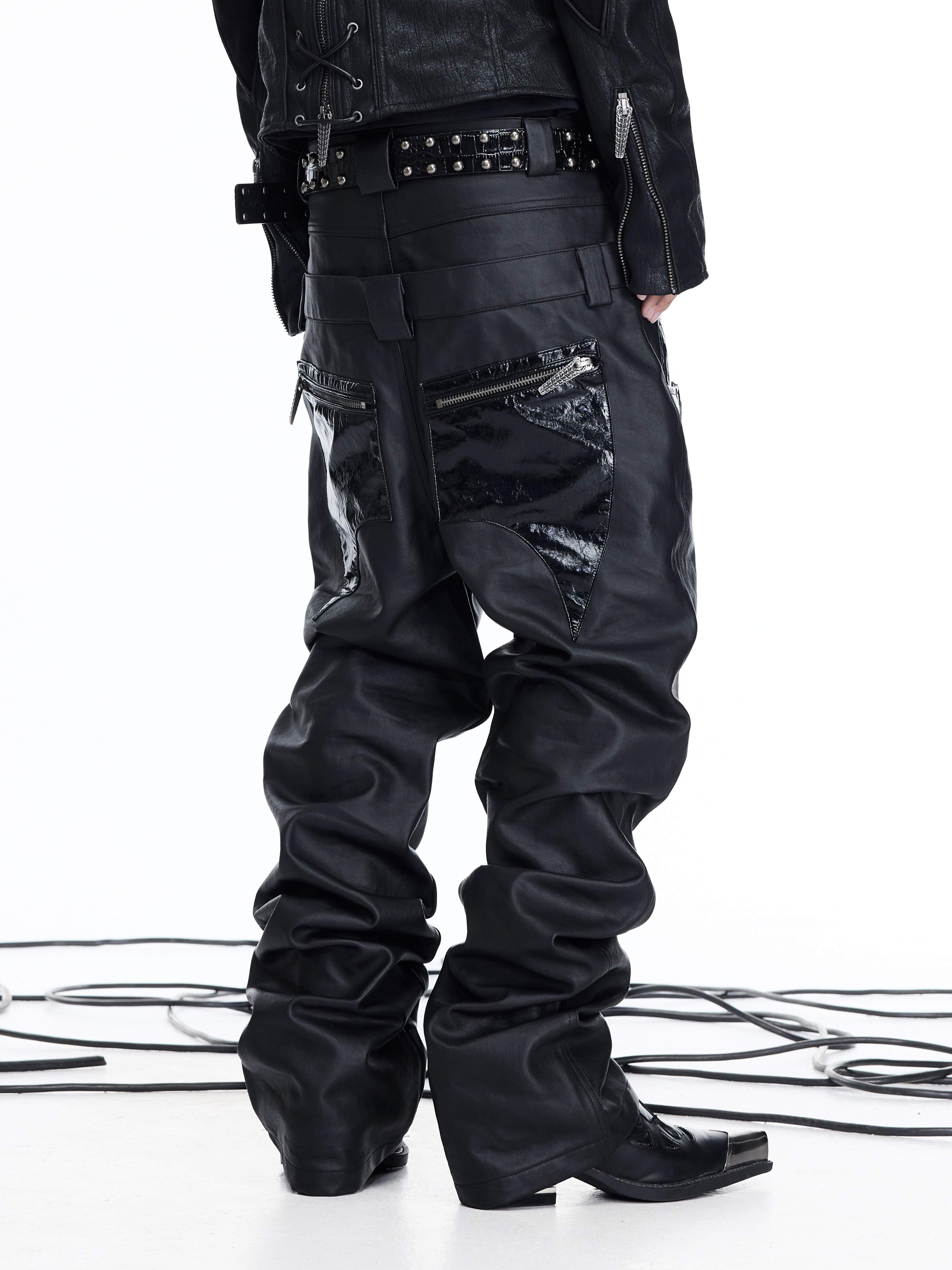 NICHE DOUBLE WAISTBAND PU SPLICED DRAWSTRING ZIPPER COATED JEANS