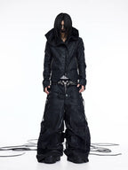 DARKRTPTS DARK ASYMMETRIC PANEL STAND-COLLAR SLIM-FIT DRAWSTRING LEATHER JACKET