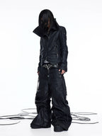 DARKRTPTS DARK ASYMMETRIC PANEL STAND-COLLAR SLIM-FIT DRAWSTRING LEATHER JACKET