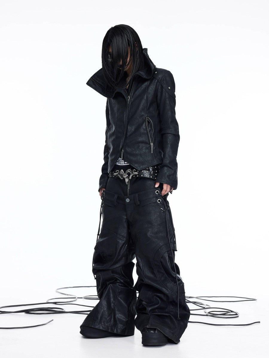 DARKRTPTS DARK ASYMMETRIC PANEL STAND-COLLAR SLIM-FIT DRAWSTRING LEATHER JACKET