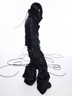 DARKRTPTS DARK ASYMMETRIC PANEL STAND-COLLAR SLIM-FIT DRAWSTRING LEATHER JACKET