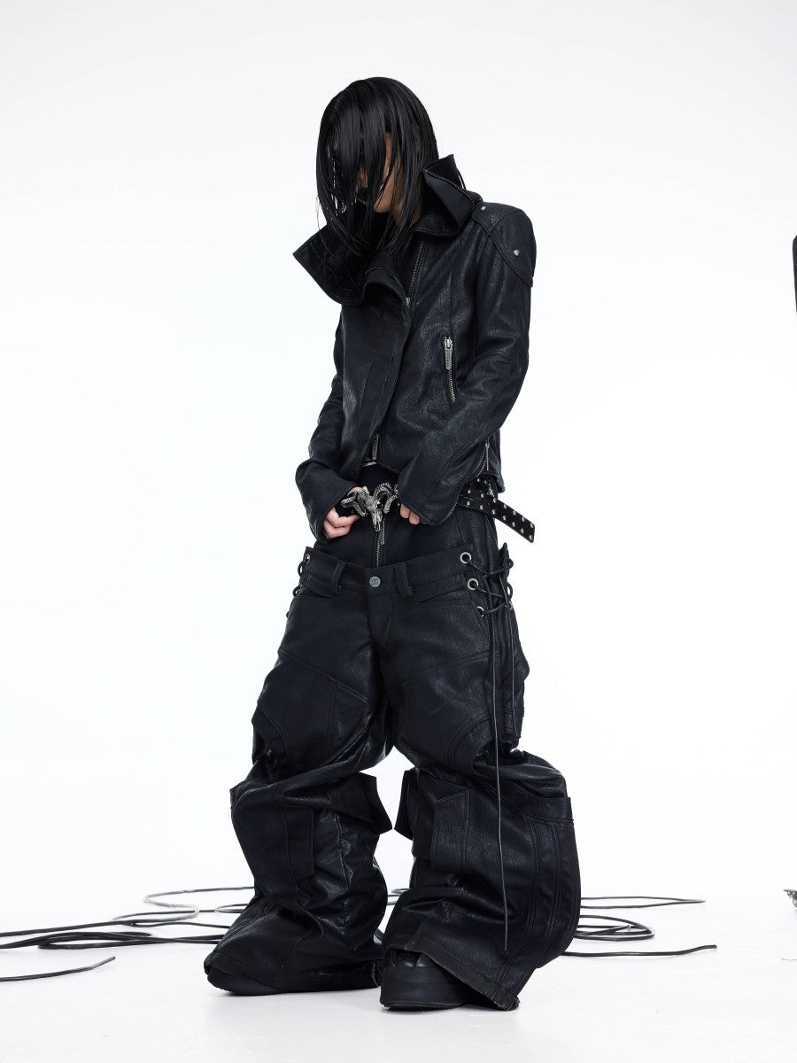 DARKRTPTS DARK ASYMMETRIC PANEL STAND-COLLAR SLIM-FIT DRAWSTRING LEATHER JACKET