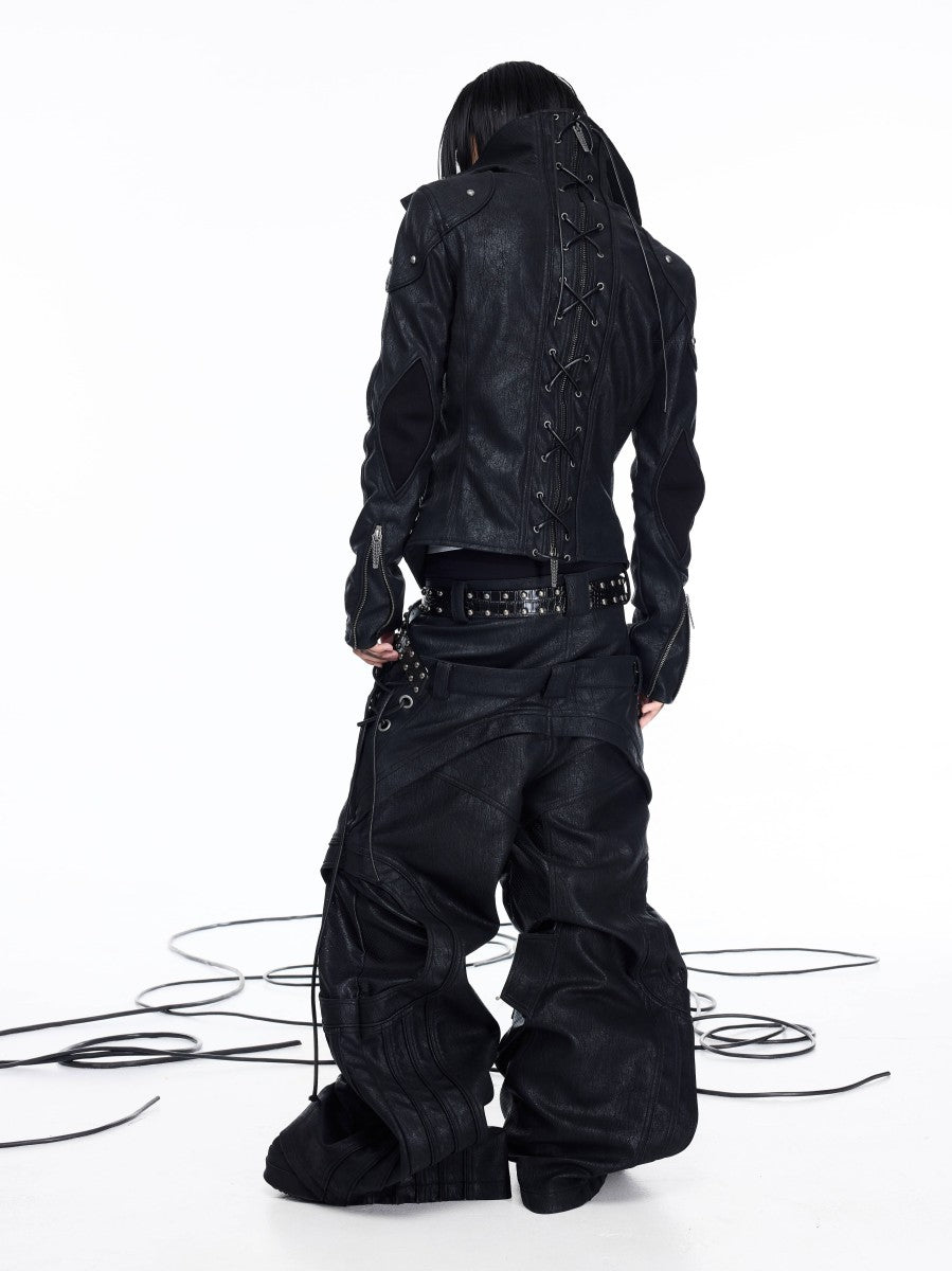 DARKRTPTS DARK ASYMMETRIC PANEL STAND-COLLAR SLIM-FIT DRAWSTRING LEATHER JACKET