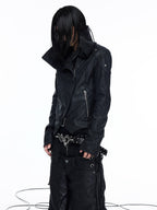 DARKRTPTS DARK ASYMMETRIC PANEL STAND-COLLAR SLIM-FIT DRAWSTRING LEATHER JACKET