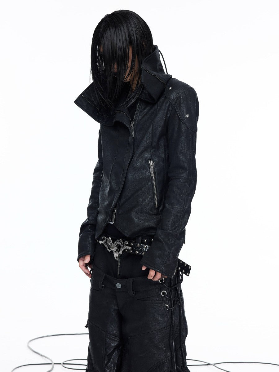 DARKRTPTS DARK ASYMMETRIC PANEL STAND-COLLAR SLIM-FIT DRAWSTRING LEATHER JACKET