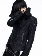 DARKRTPTS DARK ASYMMETRIC PANEL STAND-COLLAR SLIM-FIT DRAWSTRING LEATHER JACKET