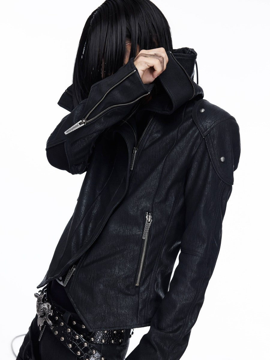 DARKRTPTS DARK ASYMMETRIC PANEL STAND-COLLAR SLIM-FIT DRAWSTRING LEATHER JACKET