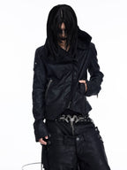 DARKRTPTS DARK ASYMMETRIC PANEL STAND-COLLAR SLIM-FIT DRAWSTRING LEATHER JACKET