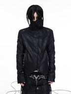 DARKRTPTS DARK ASYMMETRIC PANEL STAND-COLLAR SLIM-FIT DRAWSTRING LEATHER JACKET