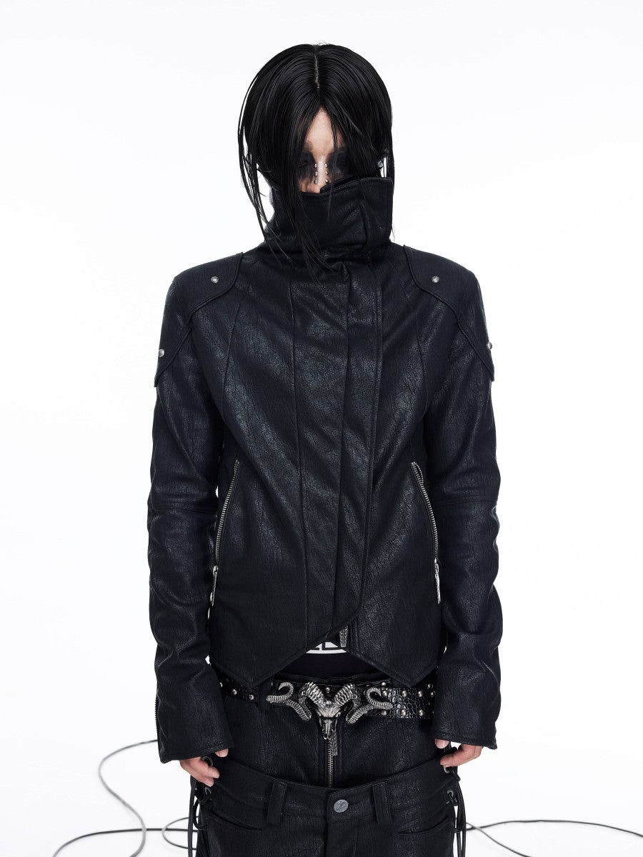 DARKRTPTS DARK ASYMMETRIC PANEL STAND-COLLAR SLIM-FIT DRAWSTRING LEATHER JACKET