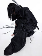 DARKRTPTS DARK ASYMMETRIC PANEL STAND-COLLAR SLIM-FIT DRAWSTRING LEATHER JACKET