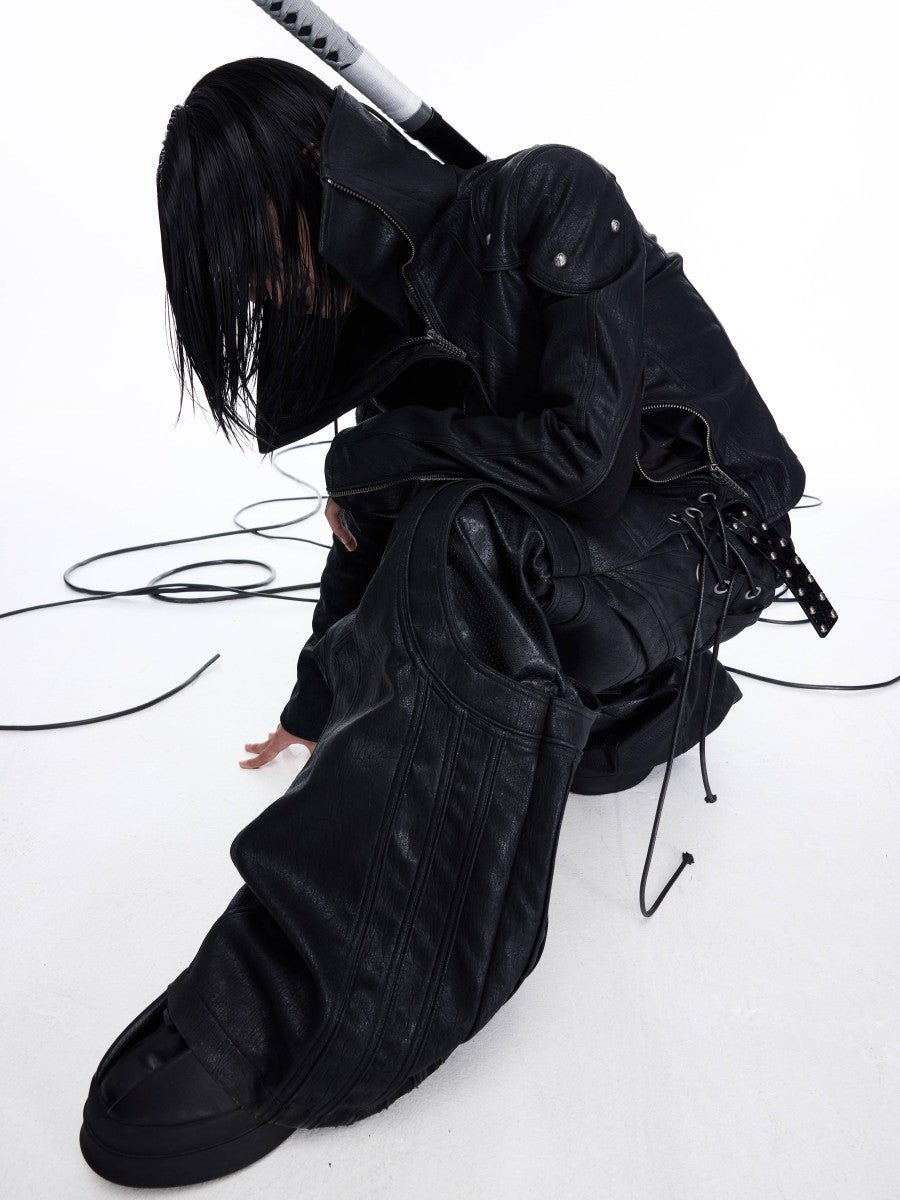 DARKRTPTS DARK ASYMMETRIC PANEL STAND-COLLAR SLIM-FIT DRAWSTRING LEATHER JACKET