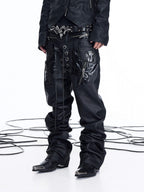 NICHE DOUBLE WAISTBAND PU SPLICED DRAWSTRING ZIPPER COATED JEANS