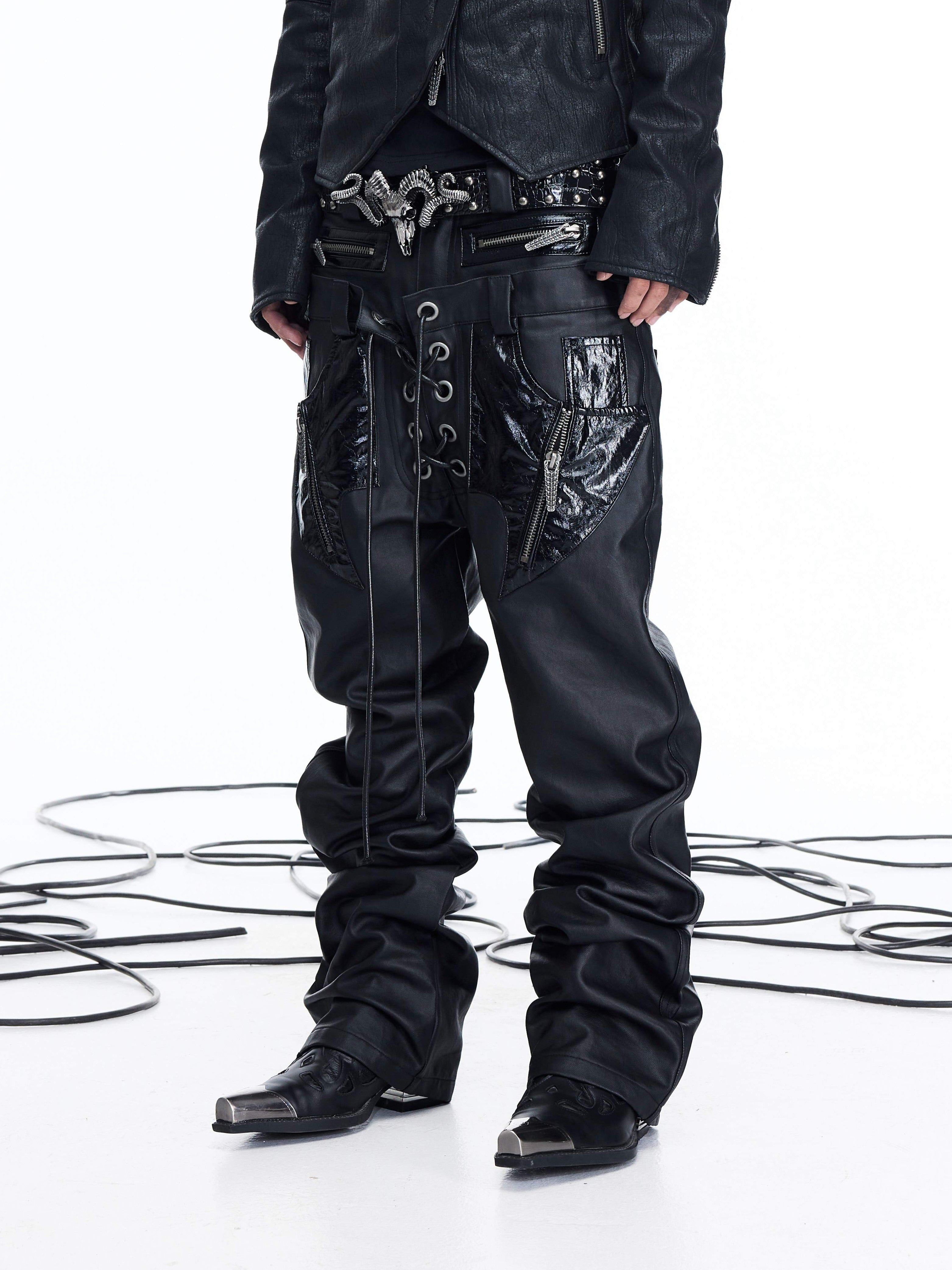 NICHE DOUBLE WAISTBAND PU SPLICED DRAWSTRING ZIPPER COATED JEANS
