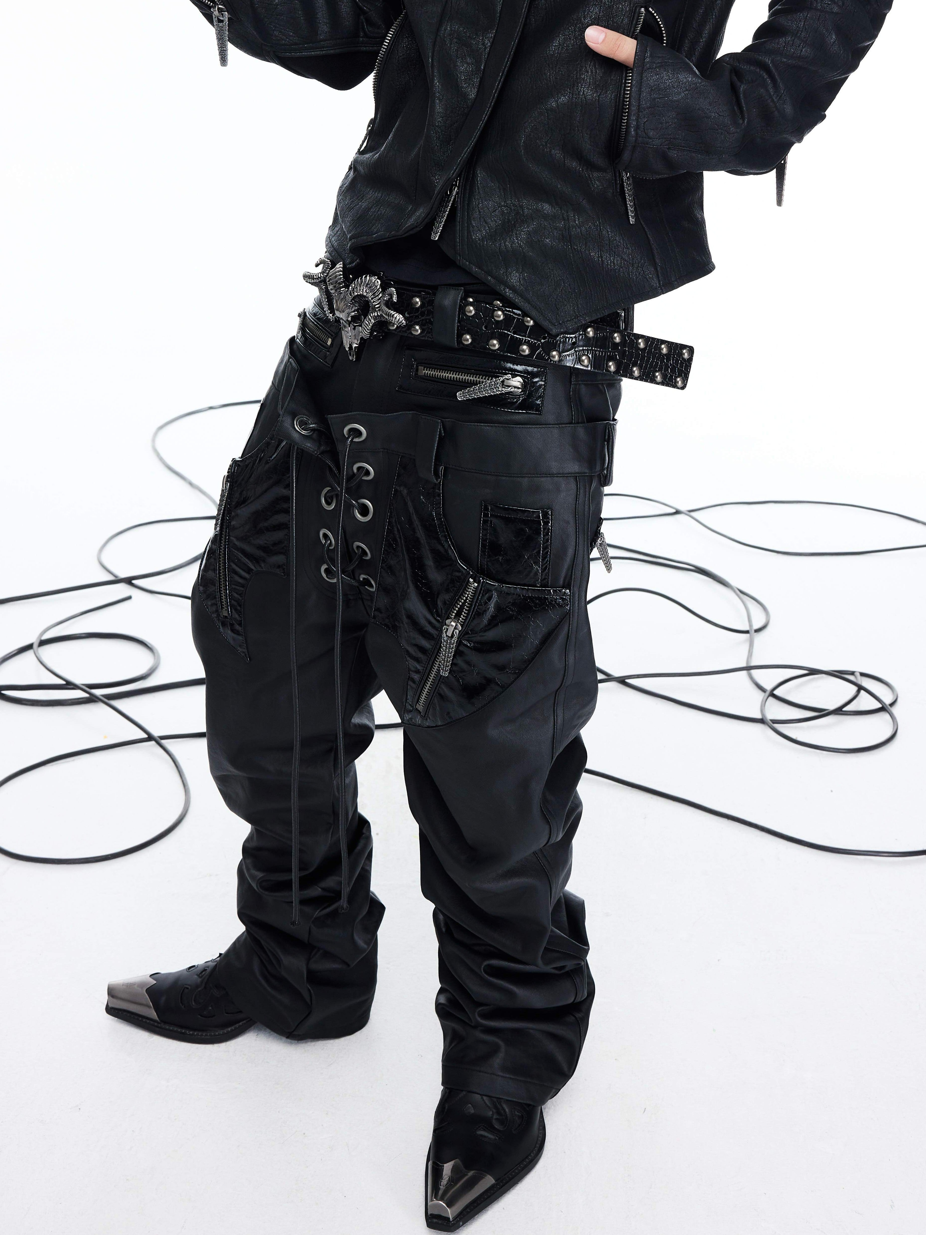 NICHE DOUBLE WAISTBAND PU SPLICED DRAWSTRING ZIPPER COATED JEANS Secondary image