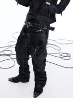 NICHE DOUBLE WAISTBAND PU SPLICED DRAWSTRING ZIPPER COATED JEANS