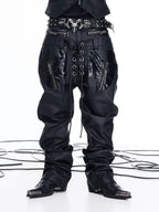 NICHE DOUBLE WAISTBAND PU SPLICED DRAWSTRING ZIPPER COATED JEANS