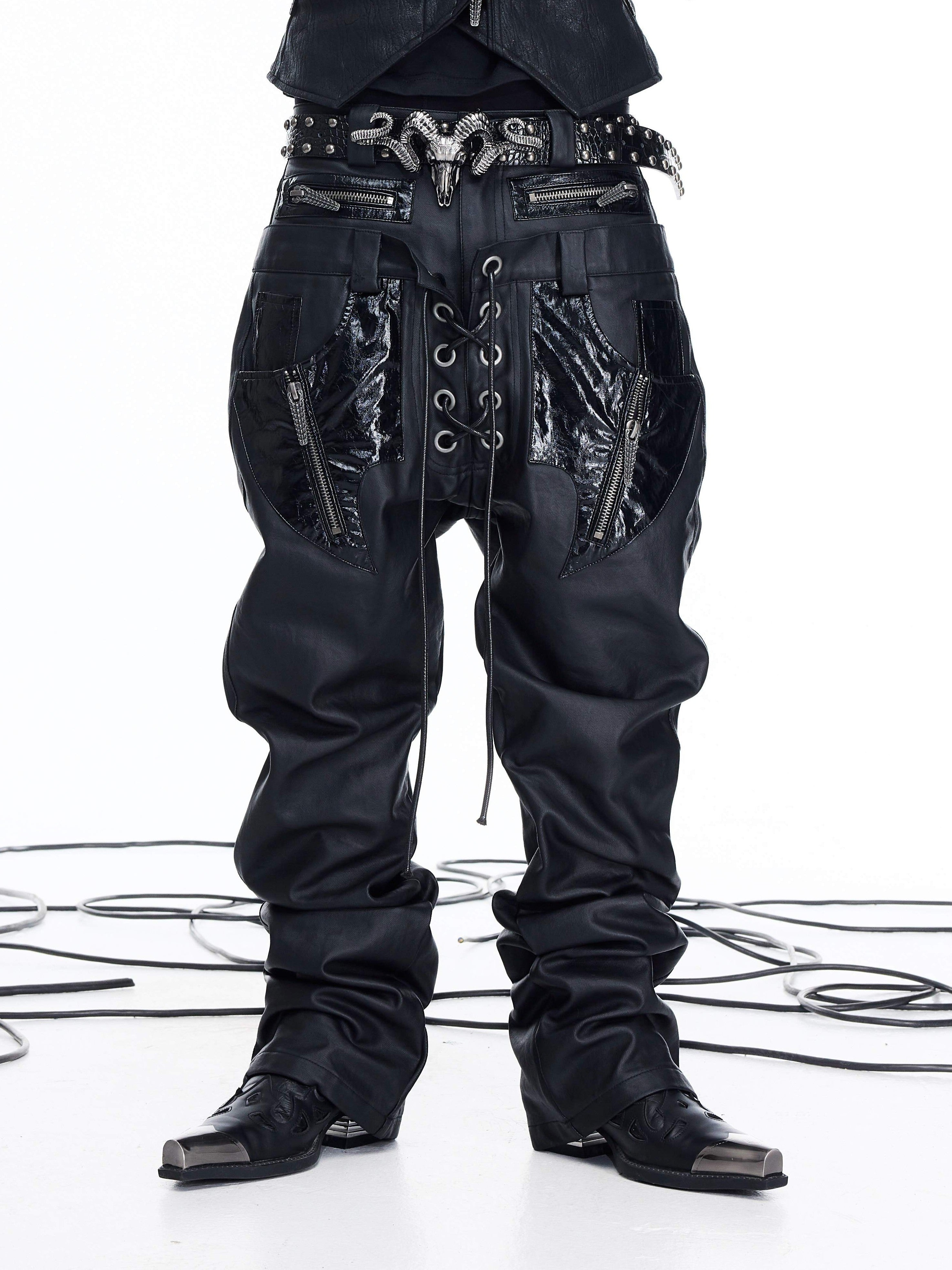 NICHE DOUBLE WAISTBAND PU SPLICED DRAWSTRING ZIPPER COATED JEANS