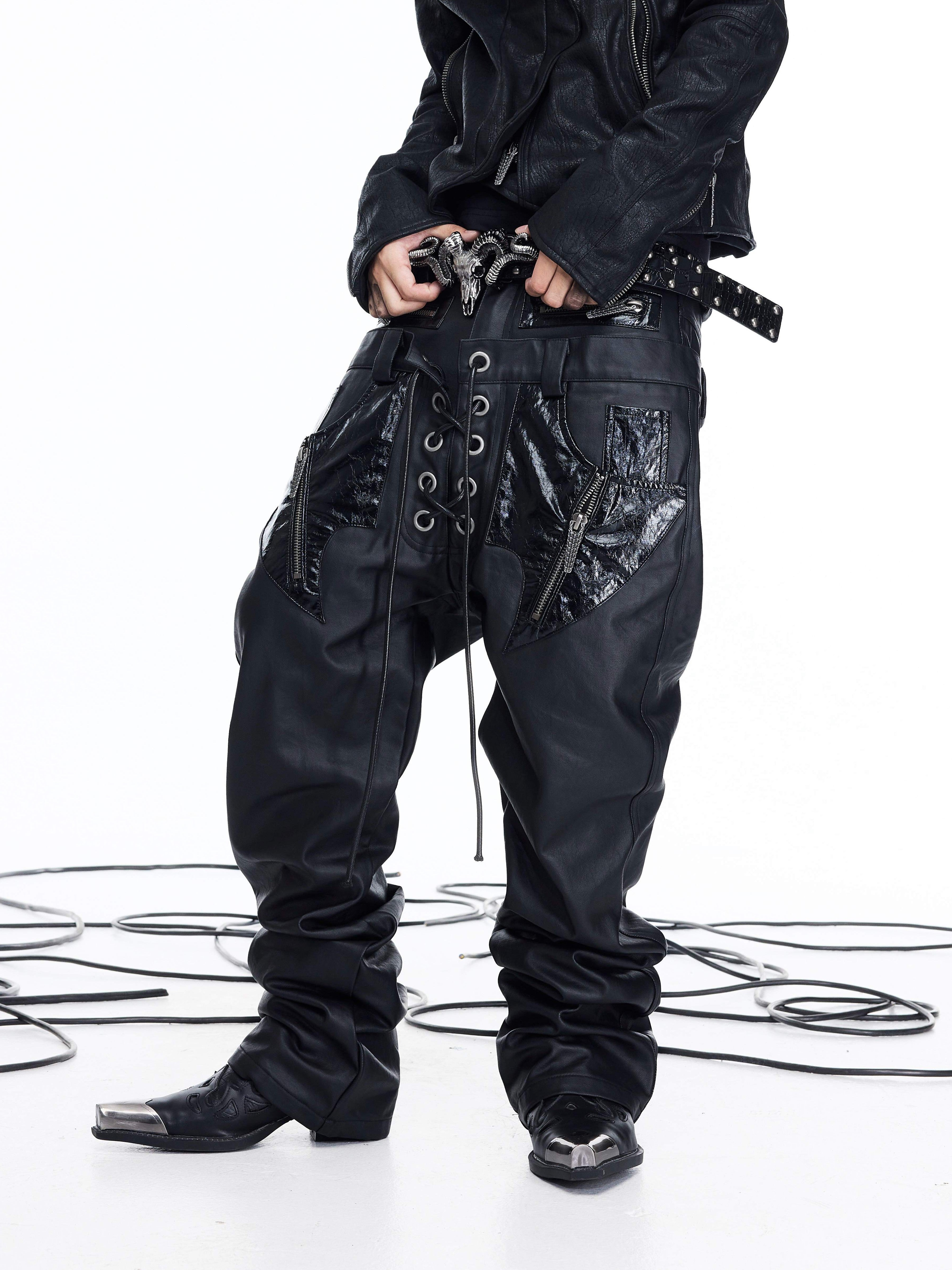 NICHE DOUBLE WAISTBAND PU SPLICED DRAWSTRING ZIPPER COATED JEANS