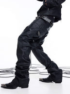 NICHE DOUBLE WAISTBAND PU SPLICED DRAWSTRING ZIPPER COATED JEANS