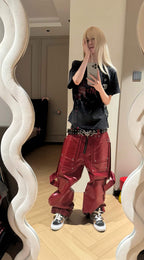 DARKPTPTS RED COATED SILHOUETTE RIVET PANTS