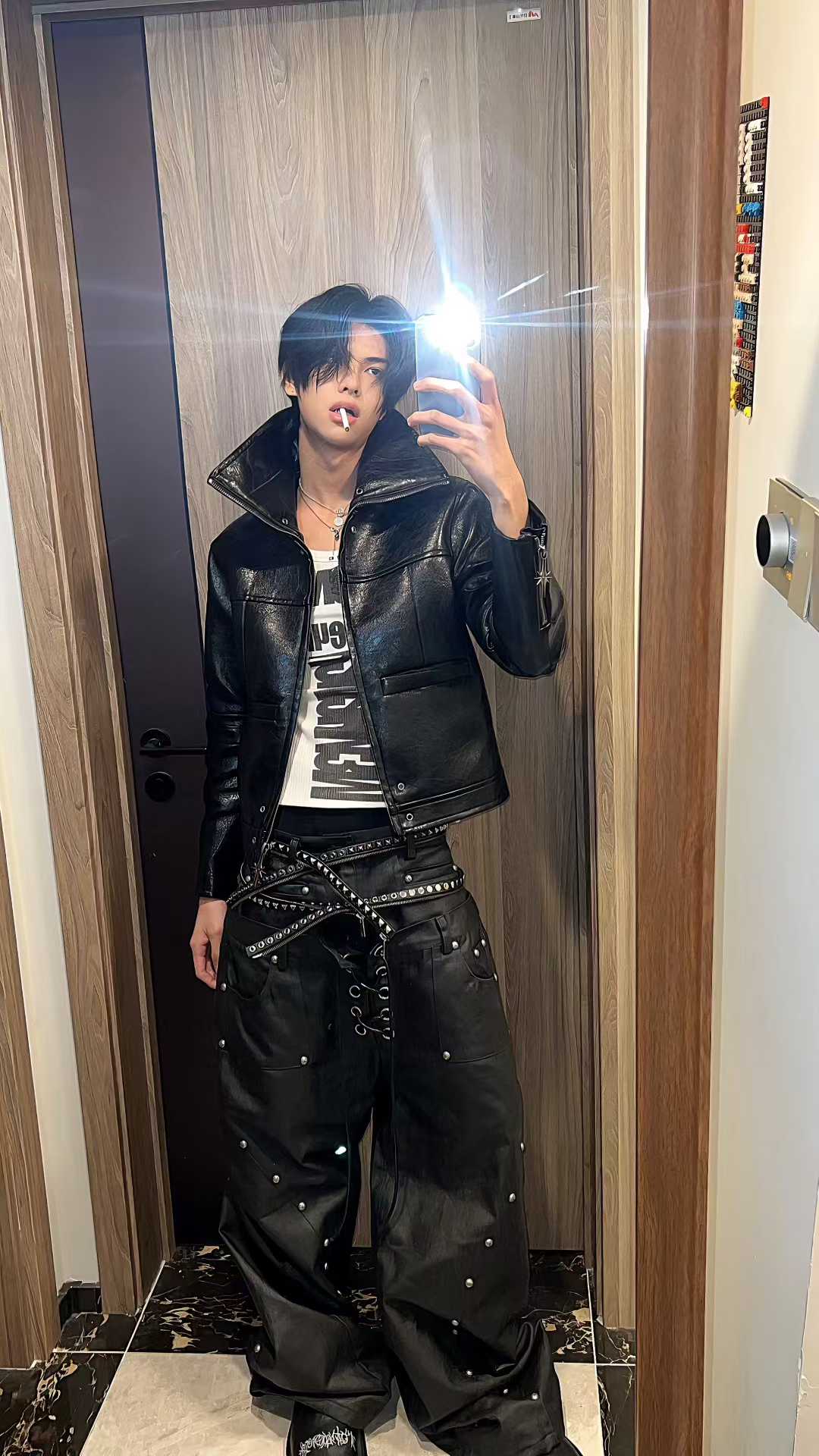 DARKPTPTS VINTAGE DARK CRACKED CROPPED PU LEATHER BIKER JACKET