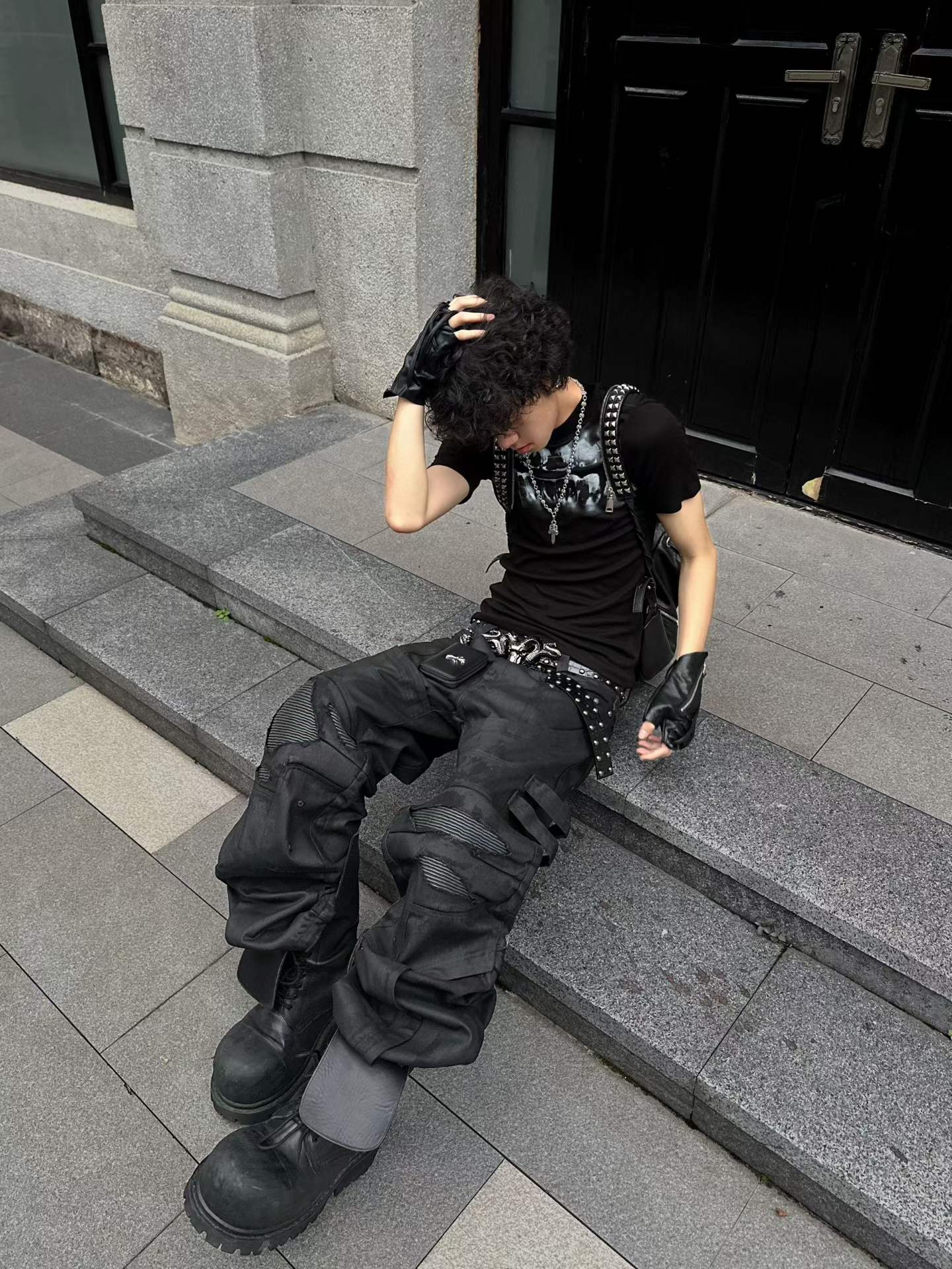 DARKPTPTS WAXED DENIM DISTRESSED CARGO PANTS