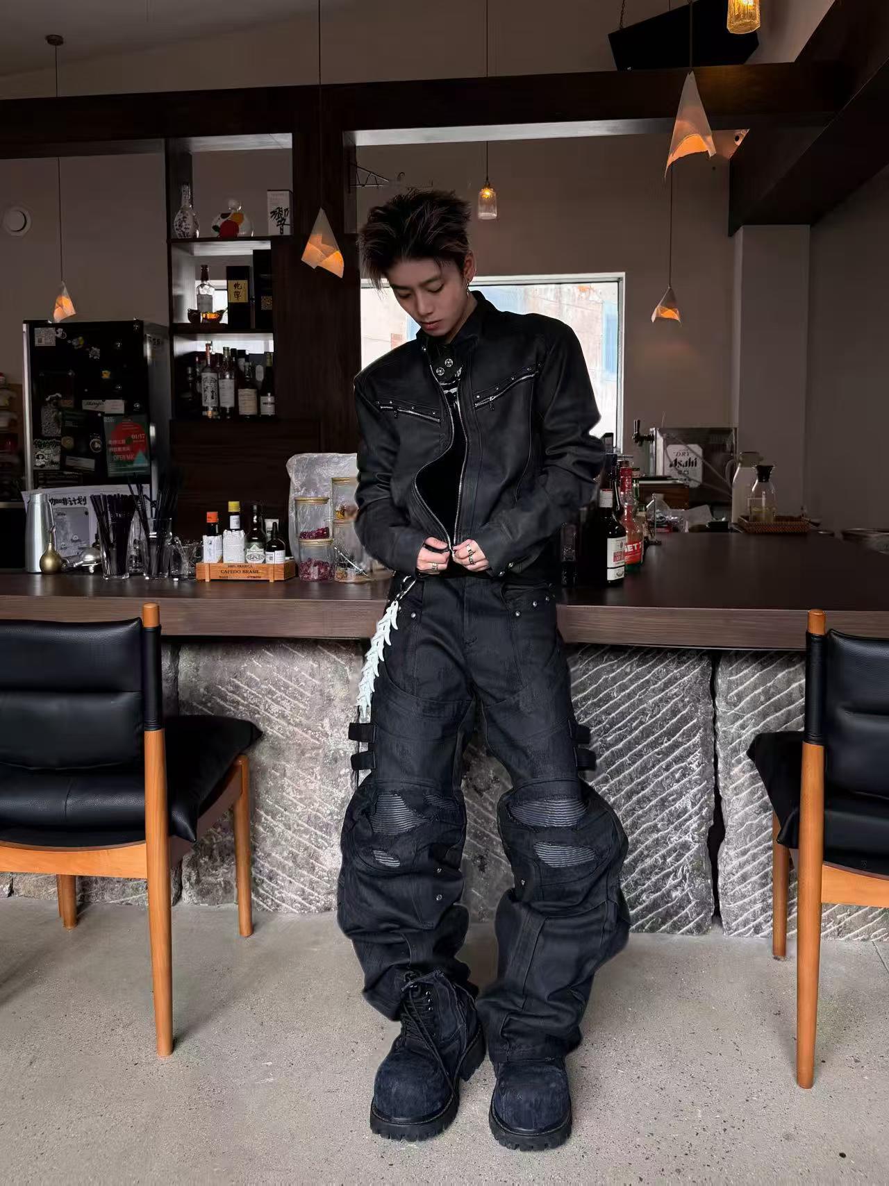 DARKPTPTS WAXED DENIM DISTRESSED CARGO PANTS