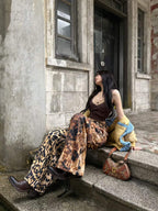 DARKPTPTS LEOPARD OVER PRINT DRAWSTRING LOOSE STRAIGHT HEAVY WEIGHT PANTS