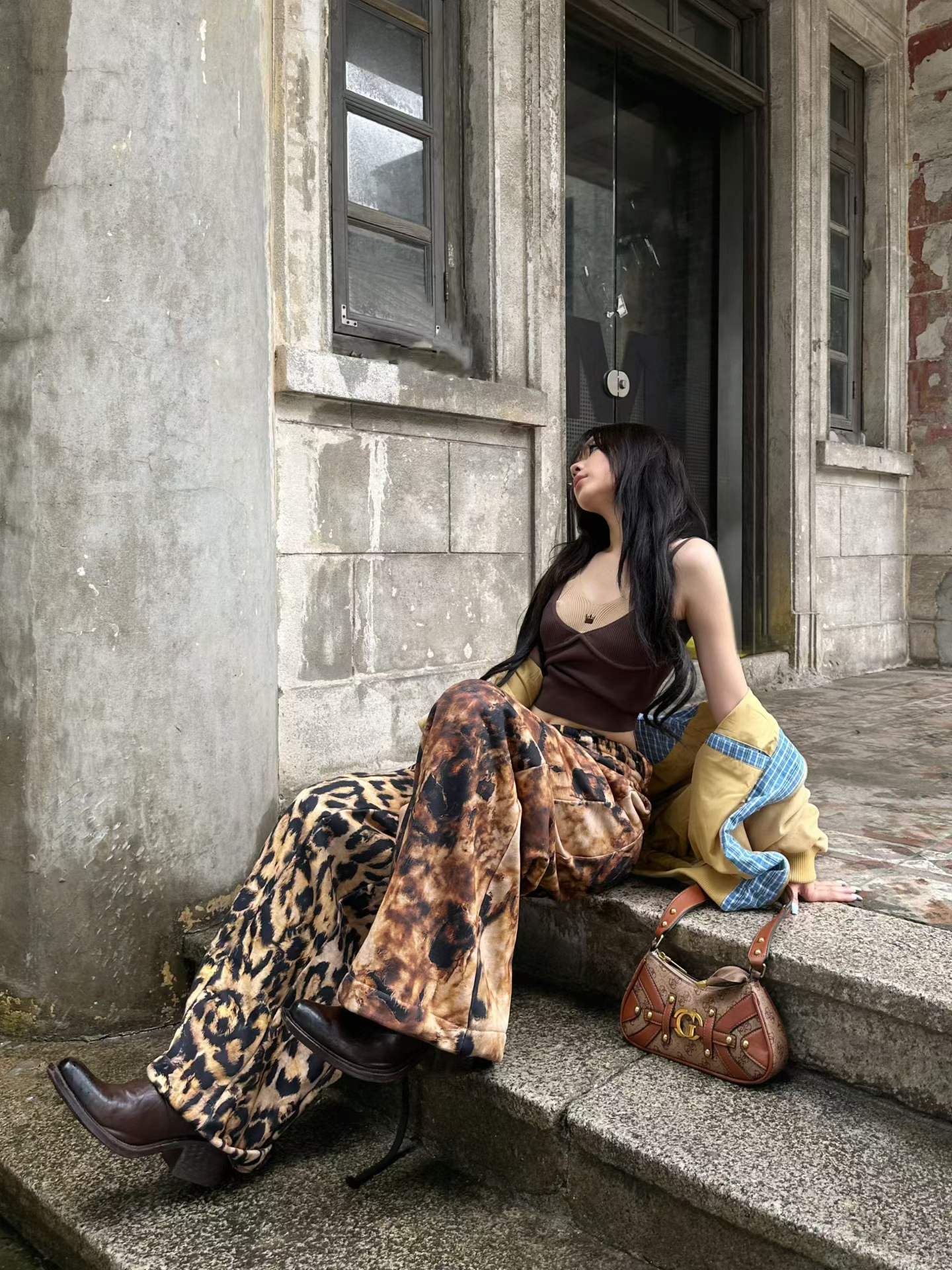 DARKPTPTS LEOPARD OVER PRINT DRAWSTRING LOOSE STRAIGHT HEAVY WEIGHT PANTS