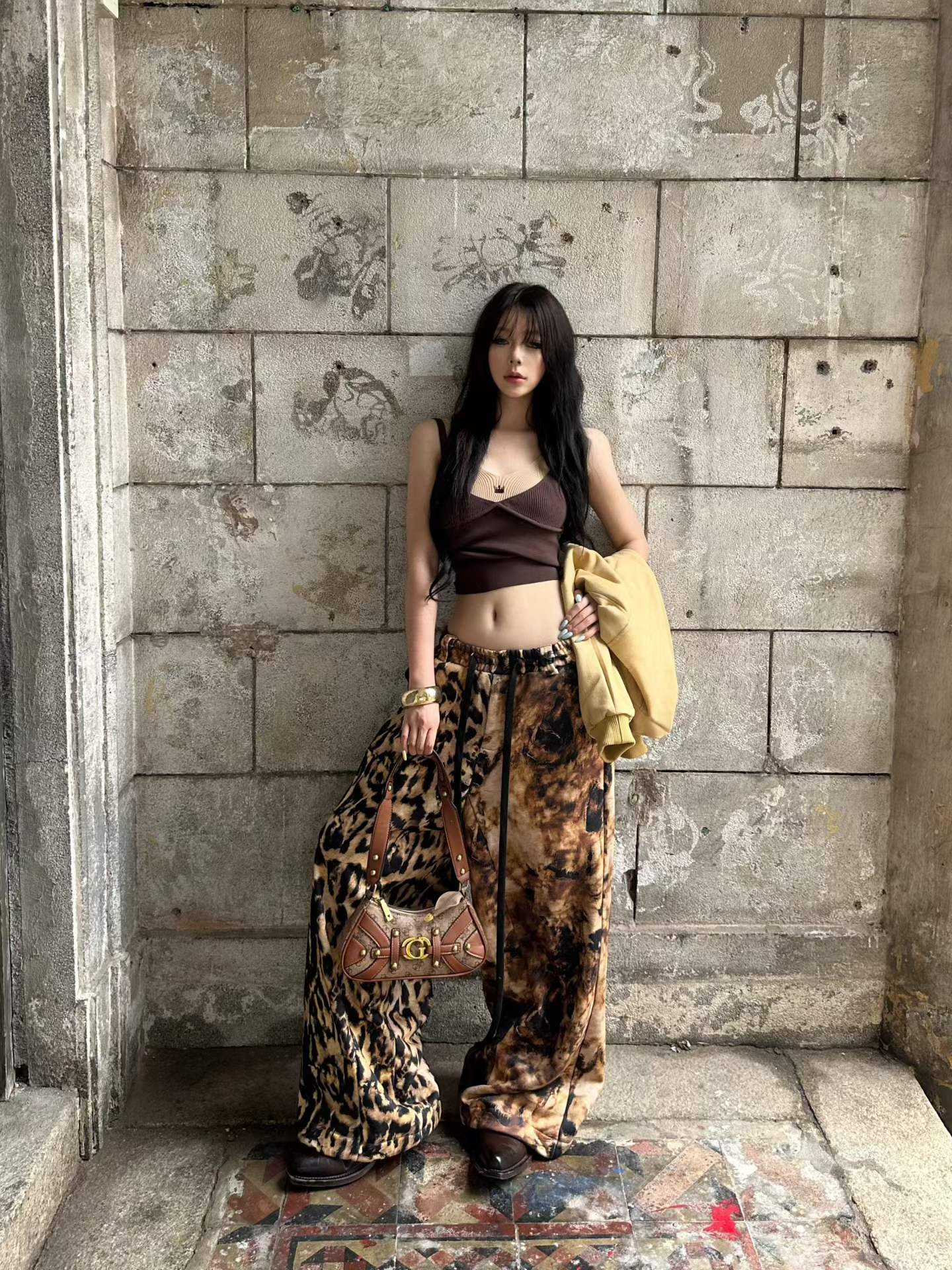 DARKPTPTS LEOPARD OVER PRINT DRAWSTRING LOOSE STRAIGHT HEAVY WEIGHT PANTS