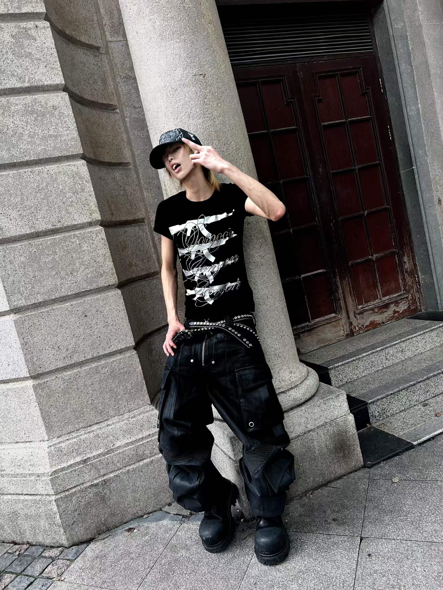 DARKPTPTS MULTI-POCKET WAXED NICHE FLOOR-LENGTH CARGO PANTS