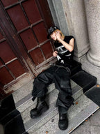 DARKPTPTS MULTI-POCKET WAXED NICHE FLOOR-LENGTH CARGO PANTS