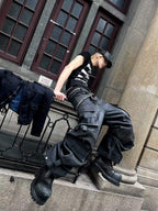 DARKPTPTS MULTI-POCKET WAXED NICHE FLOOR-LENGTH CARGO PANTS