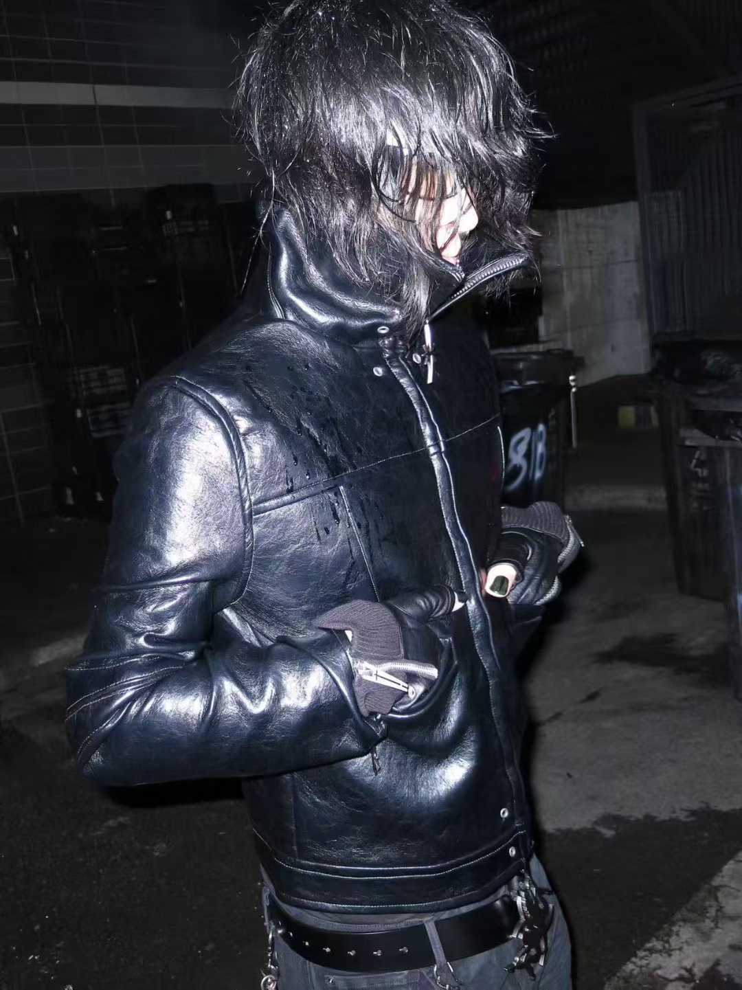 DARKPTPTS VINTAGE DARK CRACKED CROPPED PU LEATHER BIKER JACKET