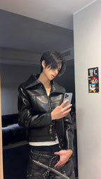 DARKPTPTS VINTAGE DARK CRACKED CROPPED PU LEATHER BIKER JACKET