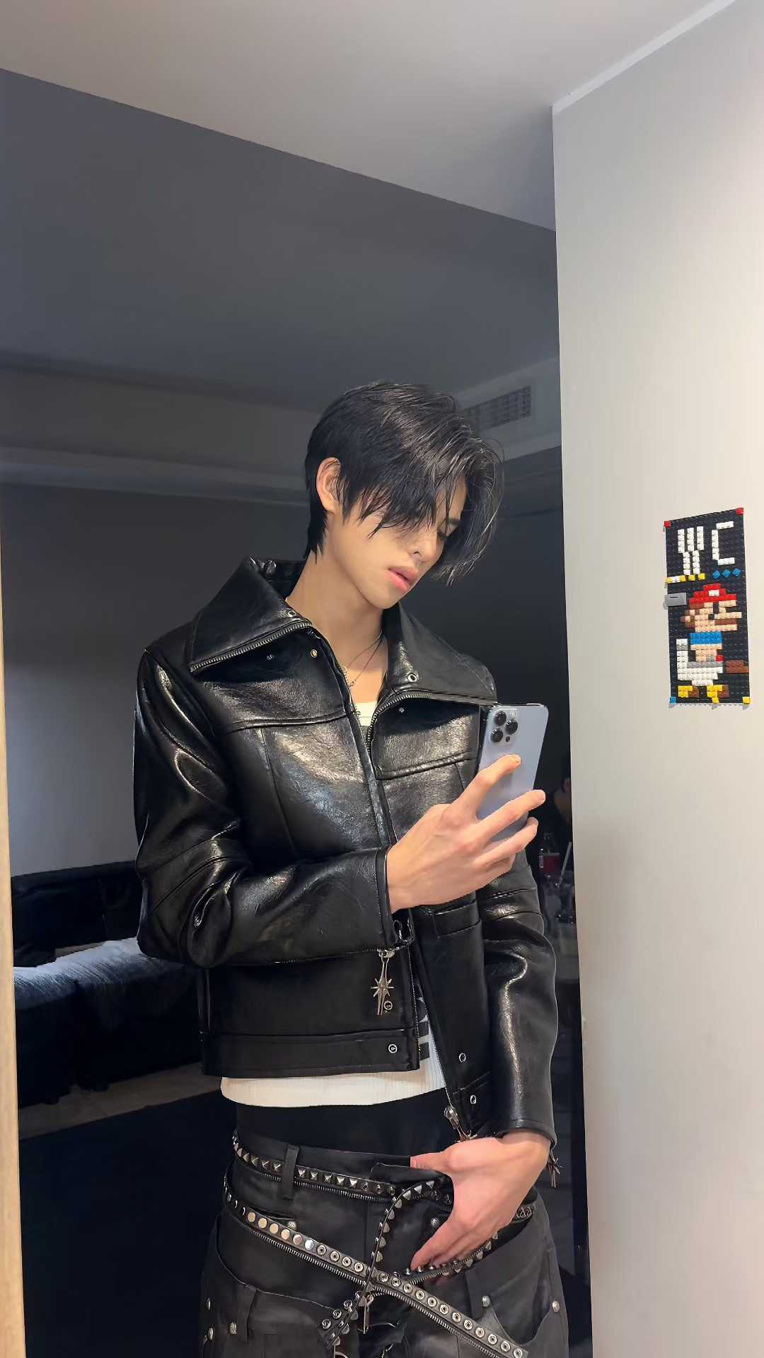 DARKPTPTS VINTAGE DARK CRACKED CROPPED PU LEATHER BIKER JACKET