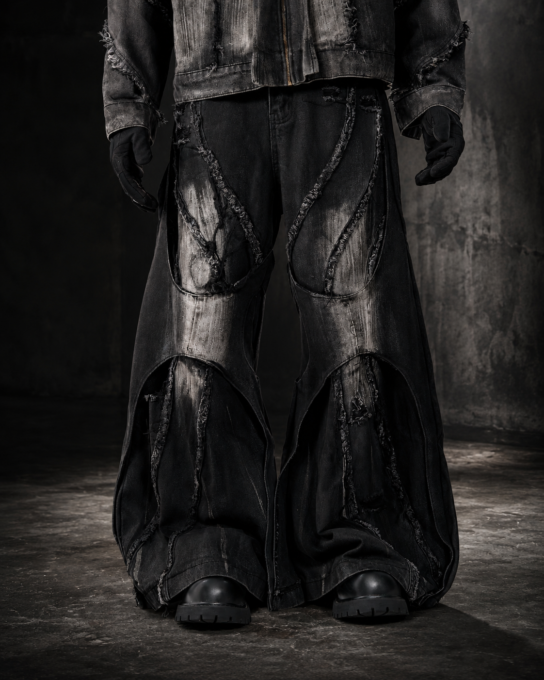 HEAVYWEIGHT WASHED PATCHWORK WIDE-LEG JEANS
