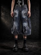 LOOSE-FIT DISTRESSED PATCHWORK CROPPED JEANS