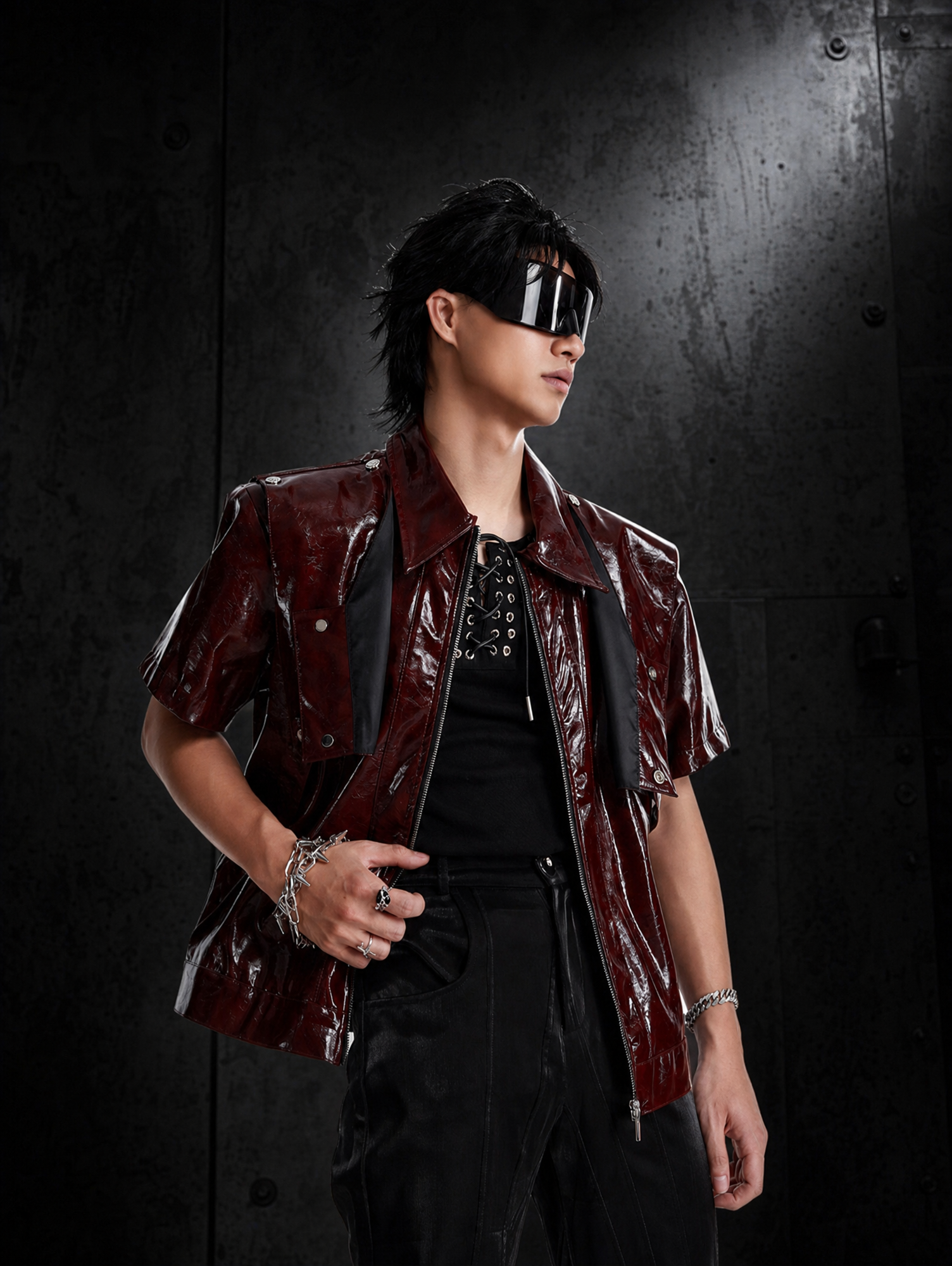 DARK PATCHWORK COLLARED LEATHER T-SHIRT Main image