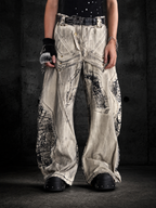 WASTELAND-STYLE SPIDER WEB PRINT DISTRESSED WIDE-LEG JEANS