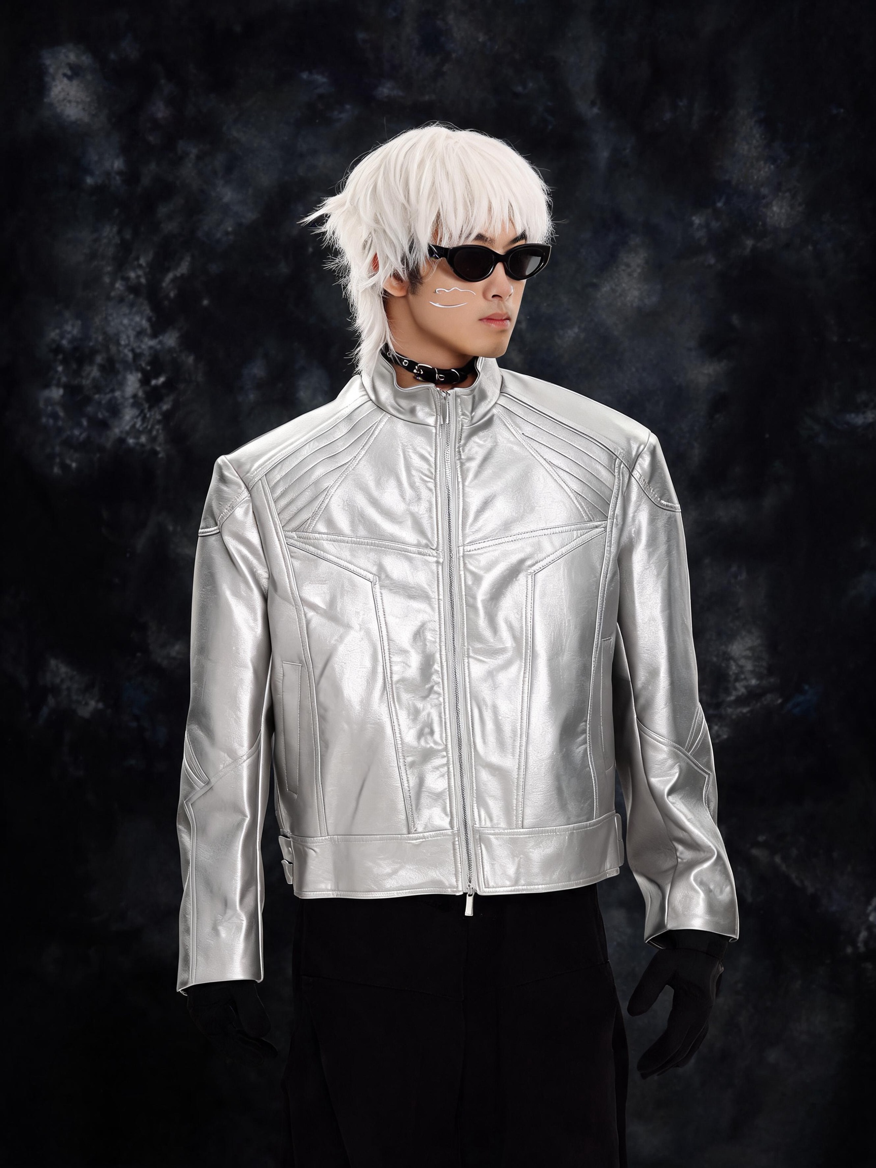 SILVER METAL BONE NICHE OVERSIZED LEATHER JACKET