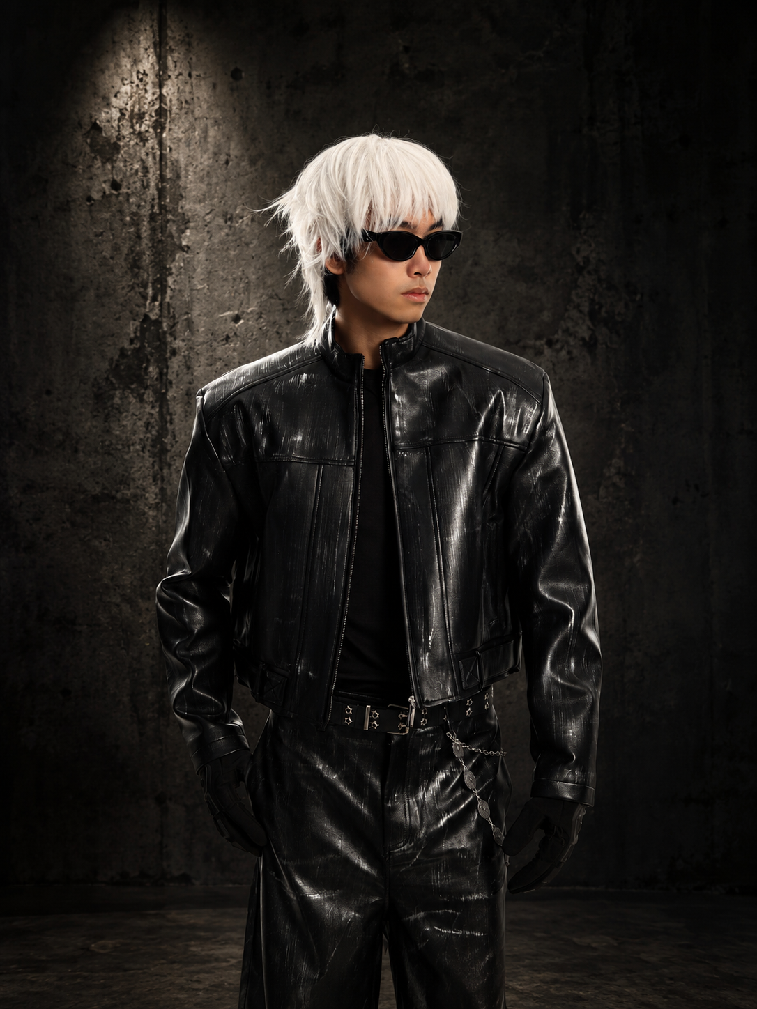 MEN'S BIKER STYLE GRADIENT CROPPED PUNK LEATHER JACKET SET Main image