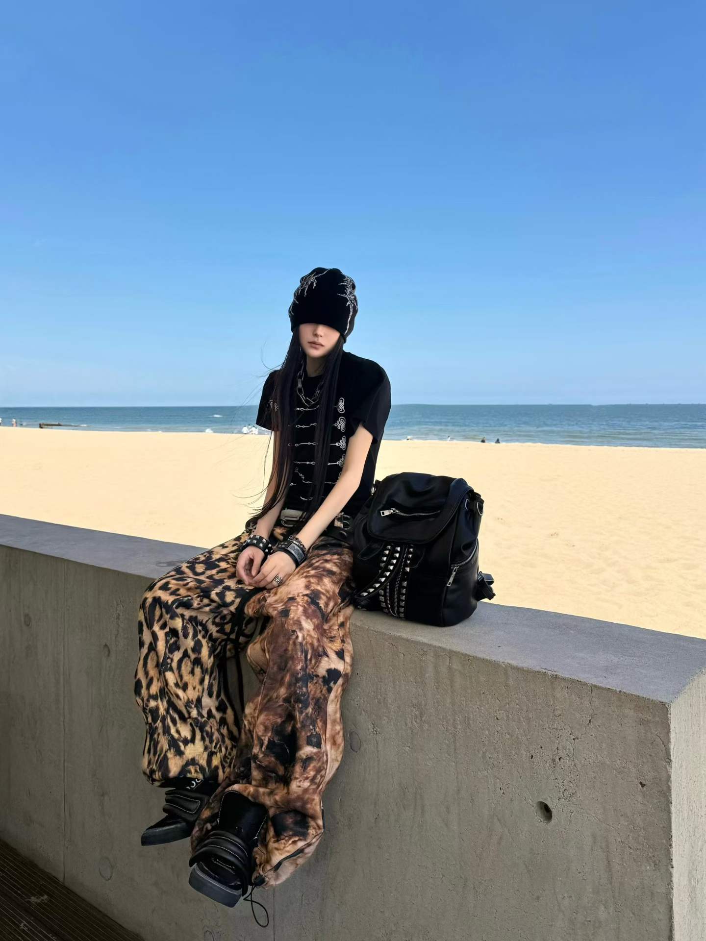 DARKPTPTS LEOPARD OVER PRINT DRAWSTRING LOOSE STRAIGHT HEAVY WEIGHT PANTS